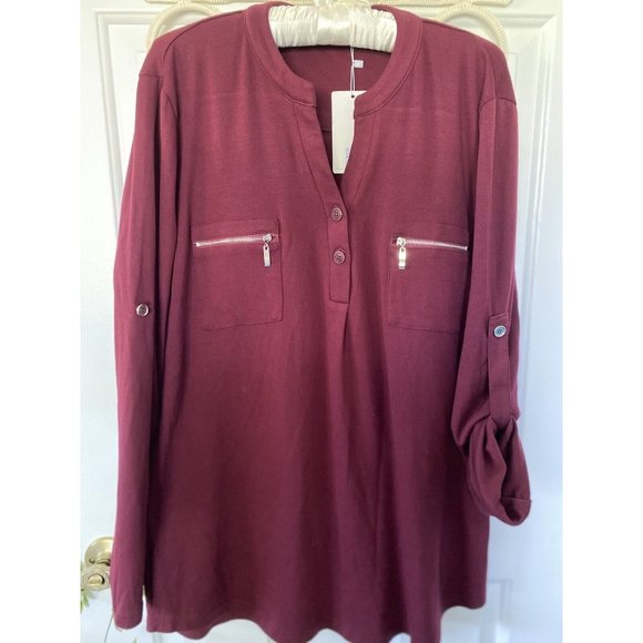 Siddhe Tunic Top Button Front V Neck 3/4 Rolled Long Sleeve Zip Burgundy 2XL NWT - Picture 16 of 16